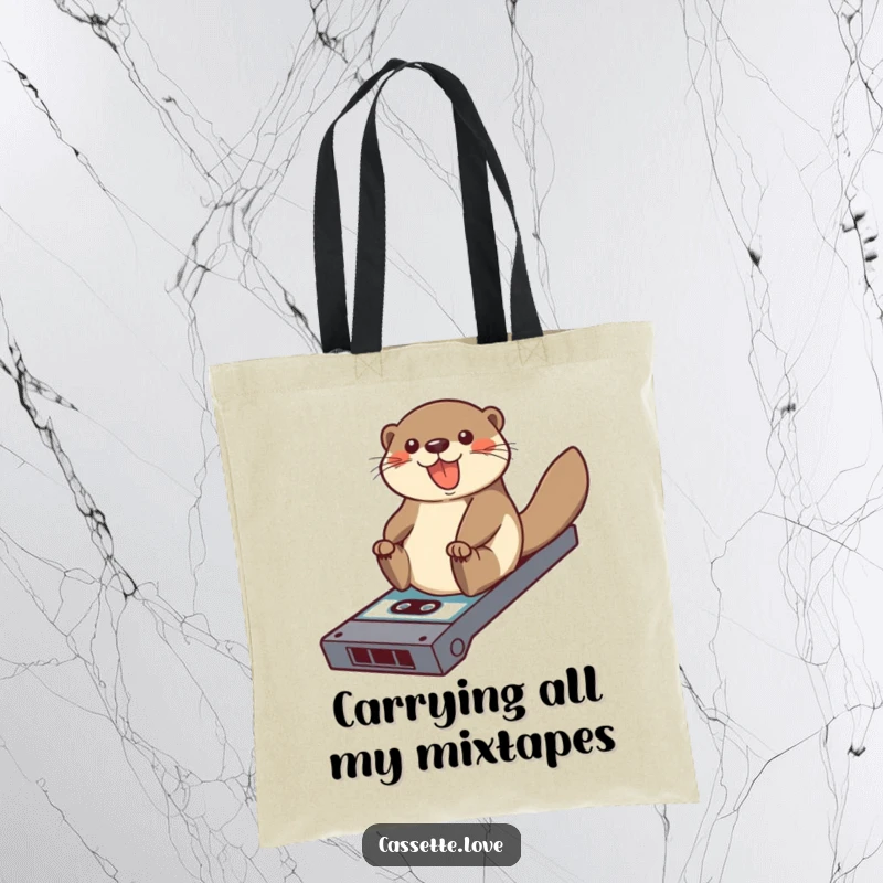 Funny tote bag showcasing a cheerful otter sliding down a ramp made of a vintage cassette tape, ideal for carrying essentials.