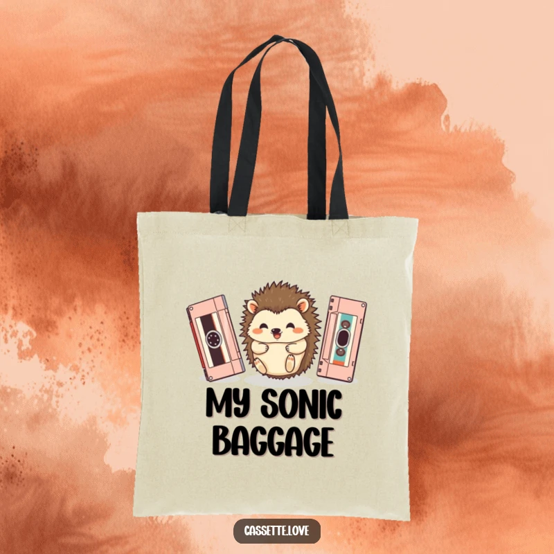 Funny tote bag featuring a happy hedgehog rolling between two oversized, vintage cassette tapes, perfect for stylish carrying.