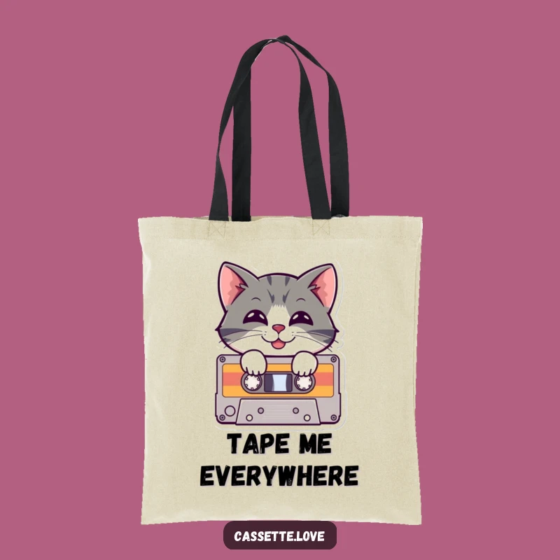 Funny Tote Bag: Cheerful Cat Cassette - Retro Music Lover Accessory